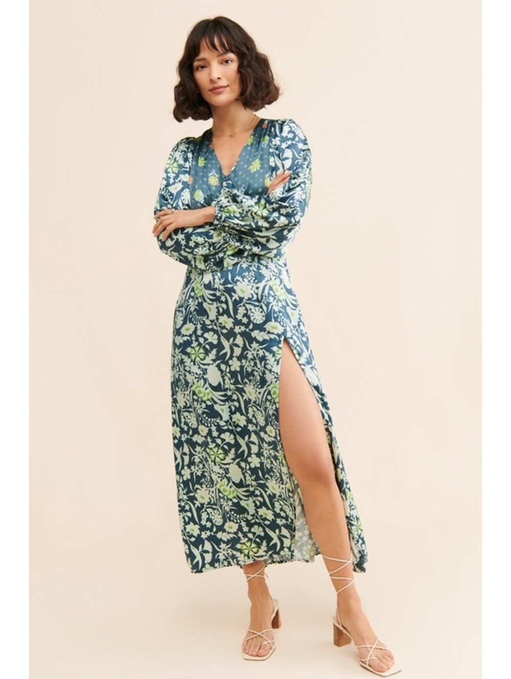 DAMSON MADDER Anthropologie Stormi Tie Back silky long sleeve floral midi dress